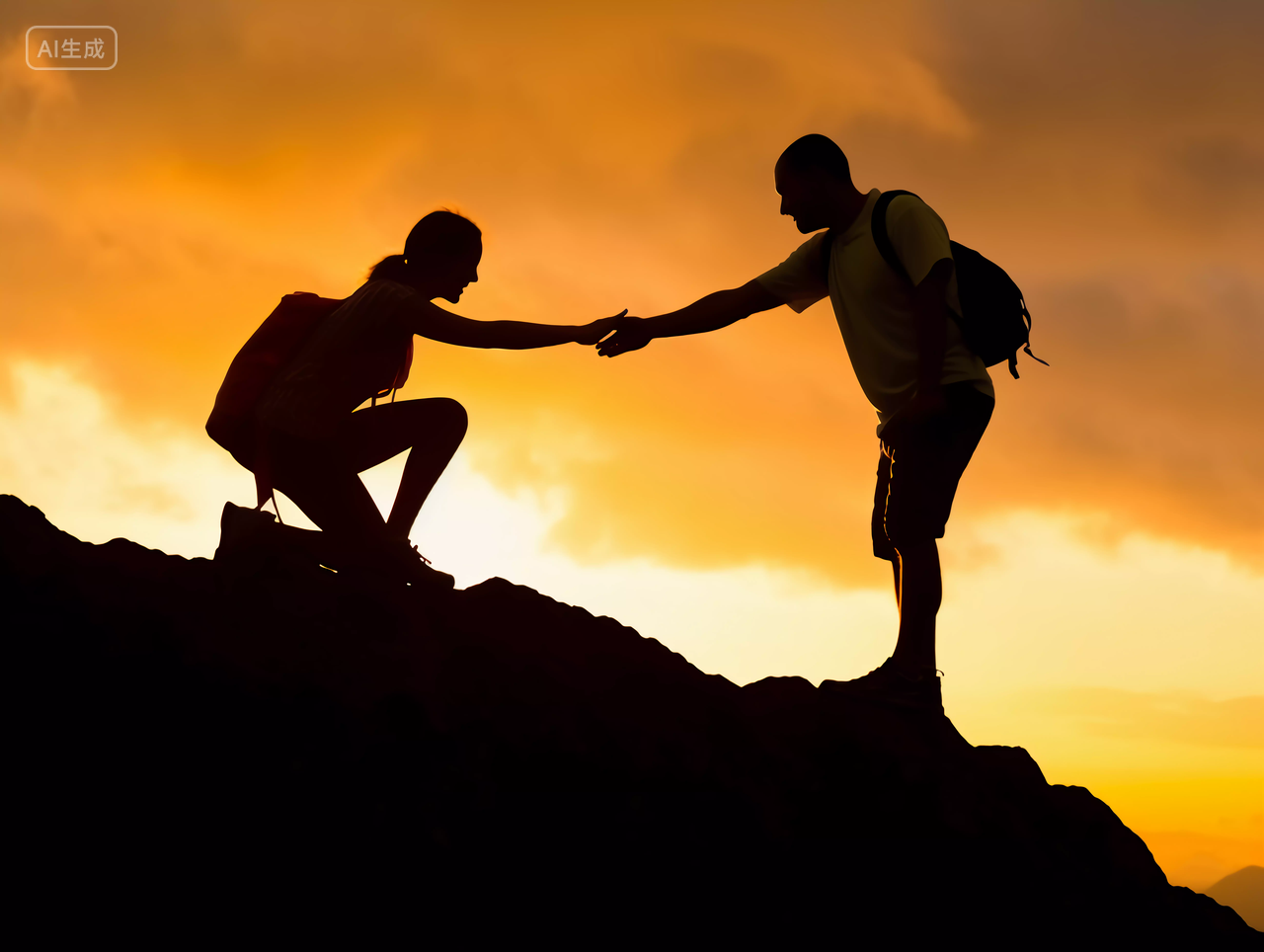 登山人侧面剪影山风景自然风景自然风光团结帮助