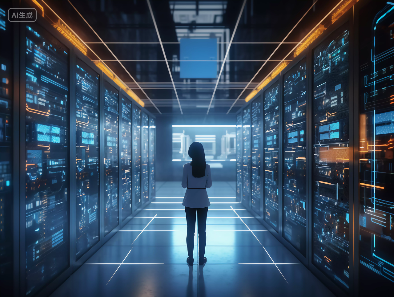 互联网现代化网络科技概念图女技术官在机房激活服务器