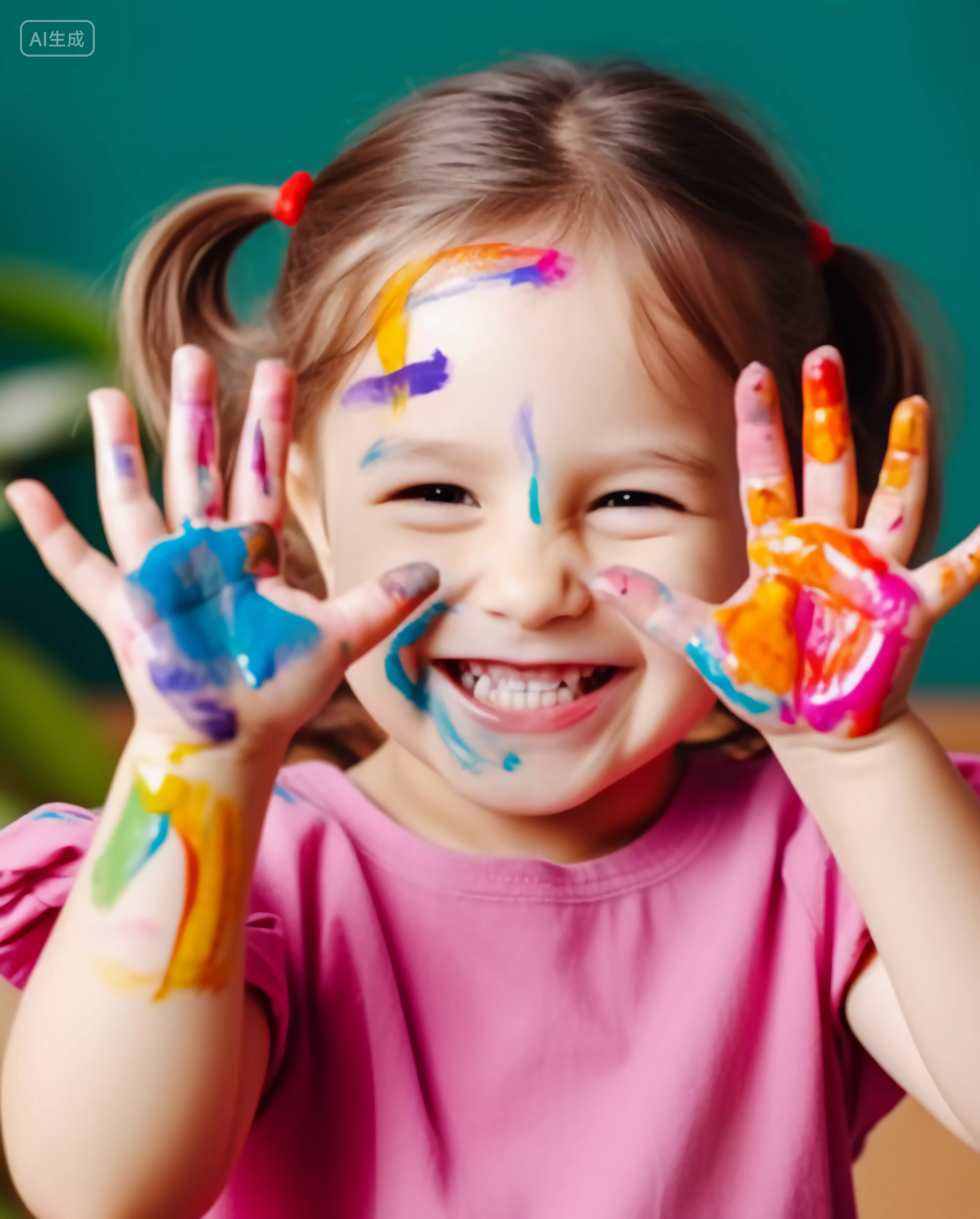 快乐的孩子五颜六色彩绘手快乐幸福的未成年儿童小学生笑容嬉戏玩耍