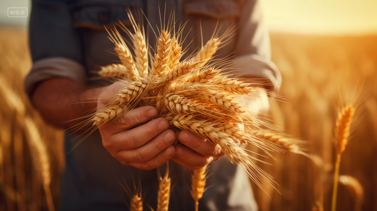 农民手捧成熟的小麦农作物谷物秋收的麦田麦穗小麦图芒种节气农民大丰收