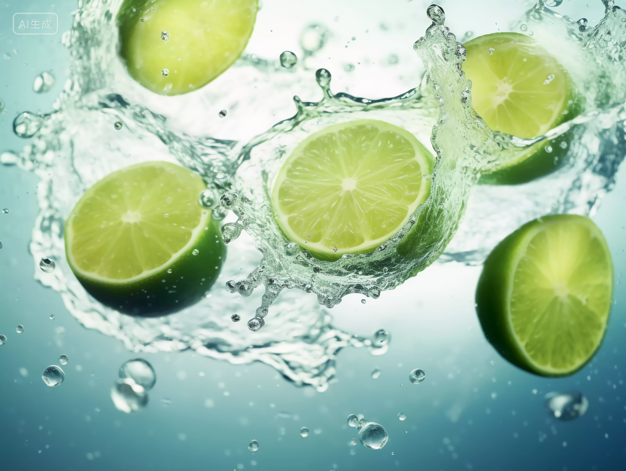 新鲜水果柠檬青柠健康生活营养有机水里的水果创意广告图