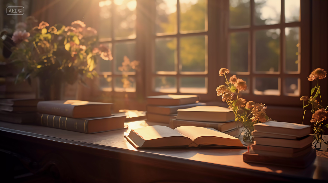 窗台前的书桌有质感打开的书读书阅读学习世界读书日知识文化
