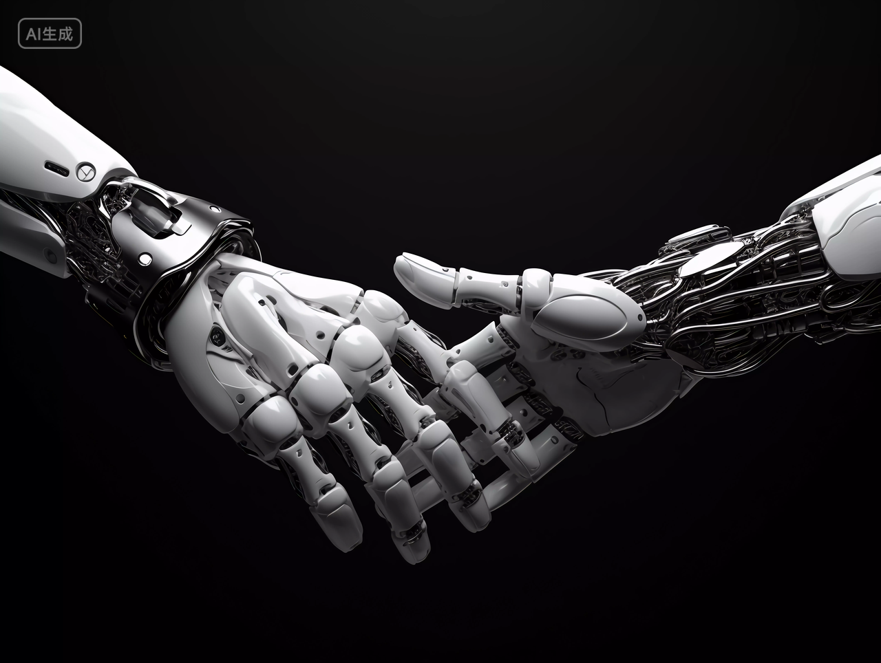 人工智能AI未来科技机械手臂3D机器人手技术和科学概念机器人握手双方合作共赢