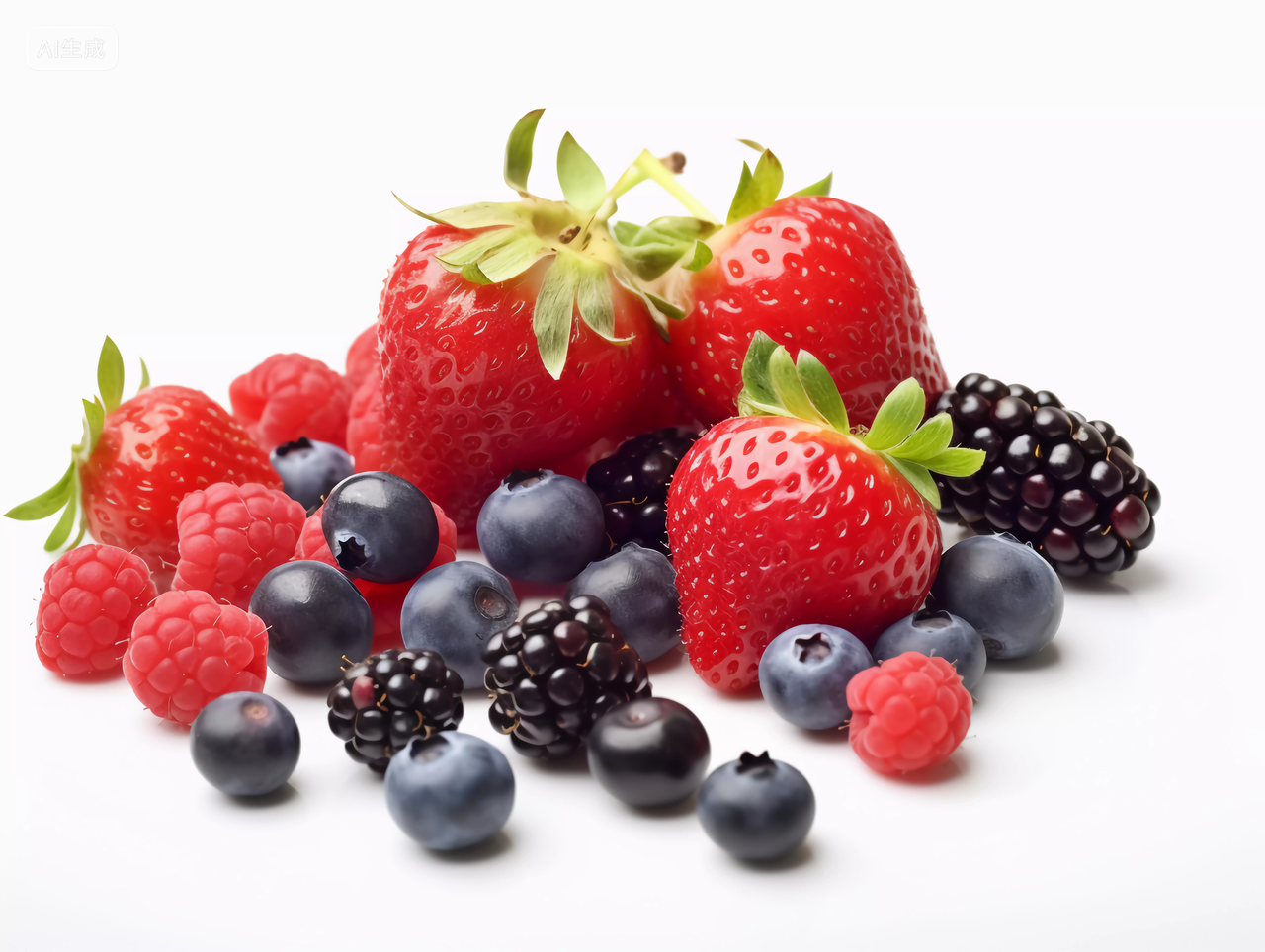 各种各样的水果新鲜浆果草莓蓝莓桑葚树莓白底新鲜水果健康生活营养有机食物美味