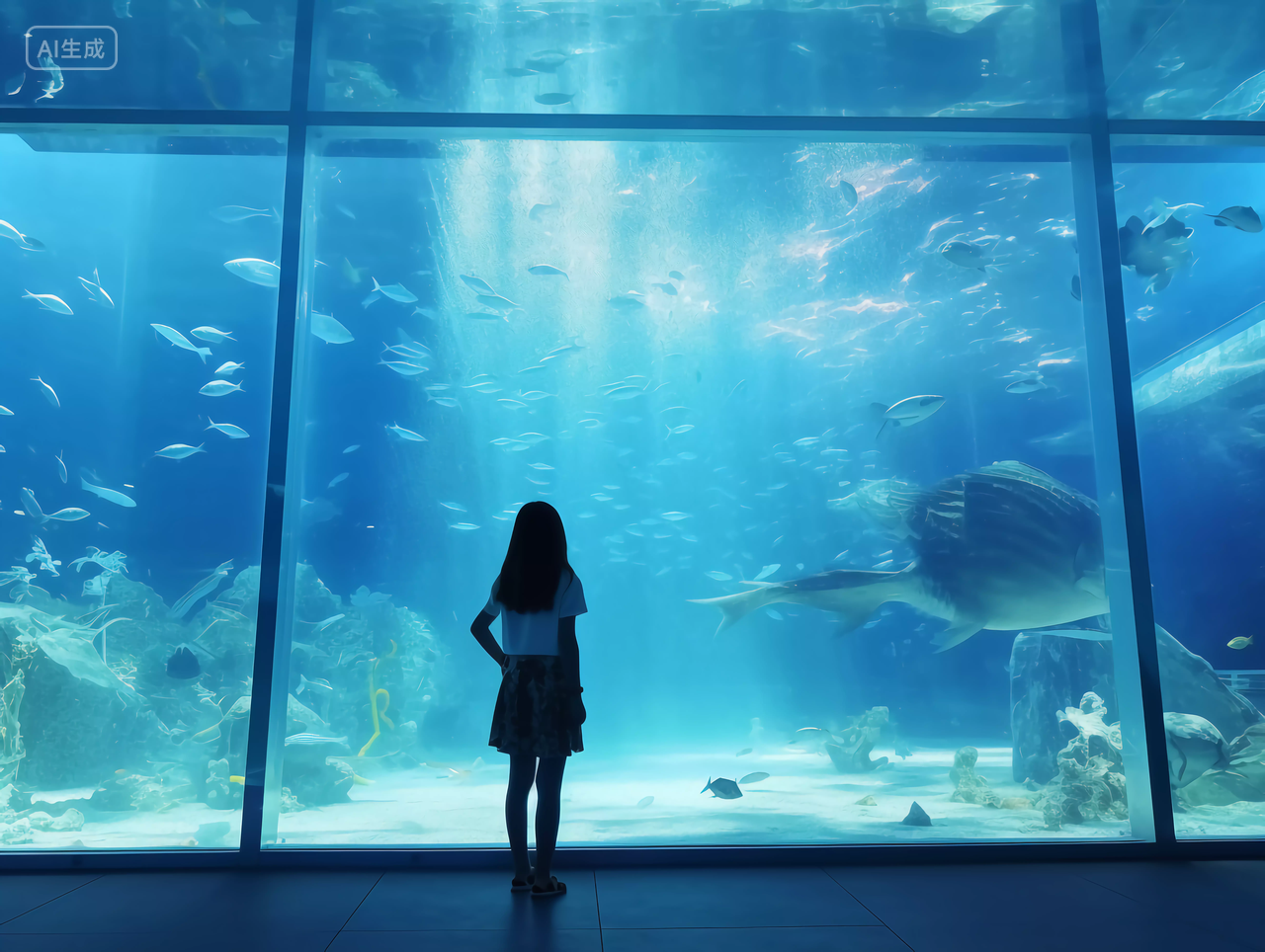 海洋馆玻璃墙前站着一个女孩海洋海海水电脑壁纸风景世界海洋日