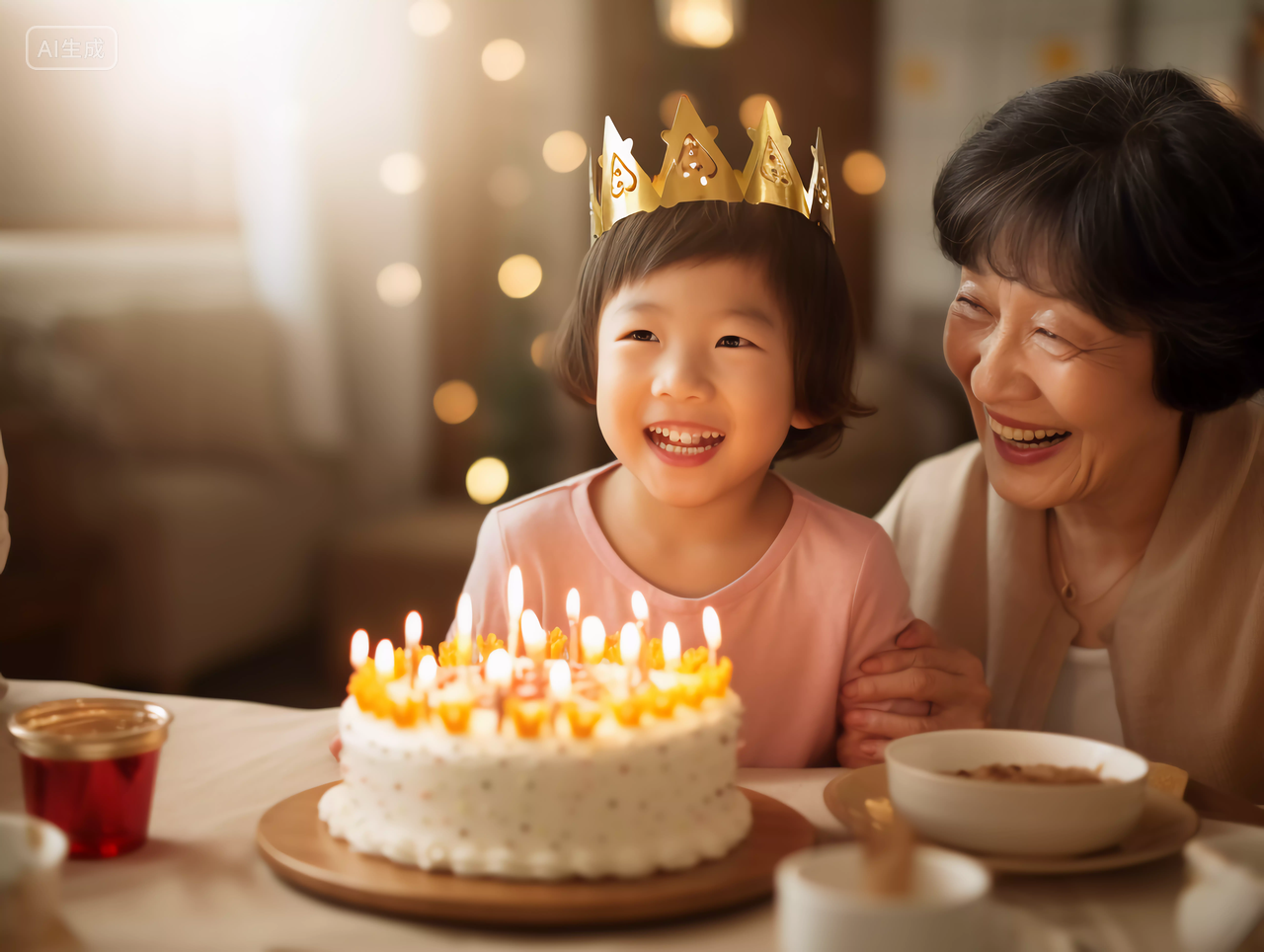 微笑的奶奶和孙子家庭生日聚会生日庆祝祝福生日快乐生日蛋糕HAPPY BIRTHDAY