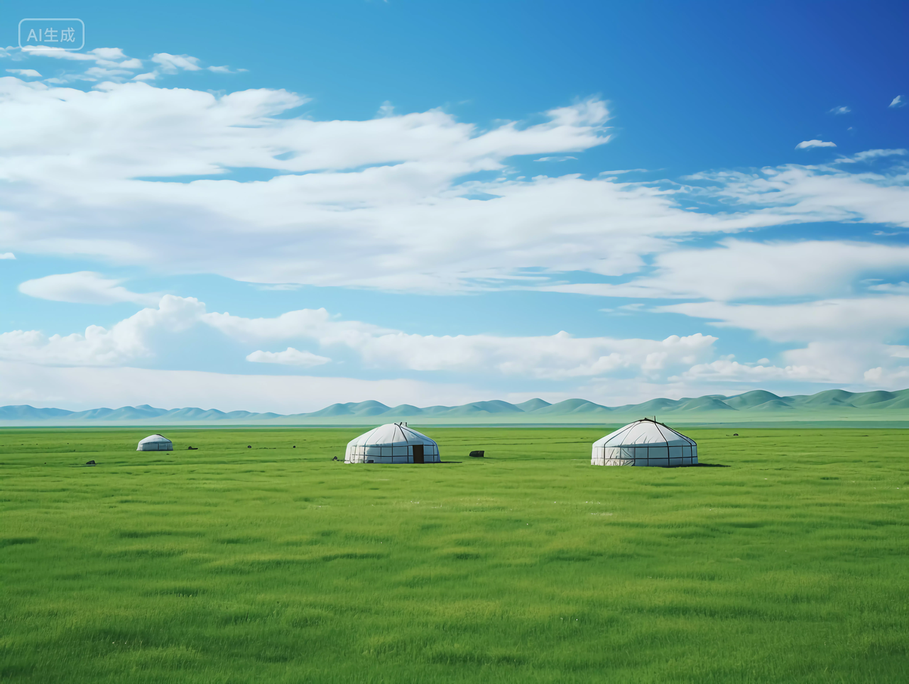 绿色草原上的蒙古包草原风光绿色草地自然风景旅游宣传
