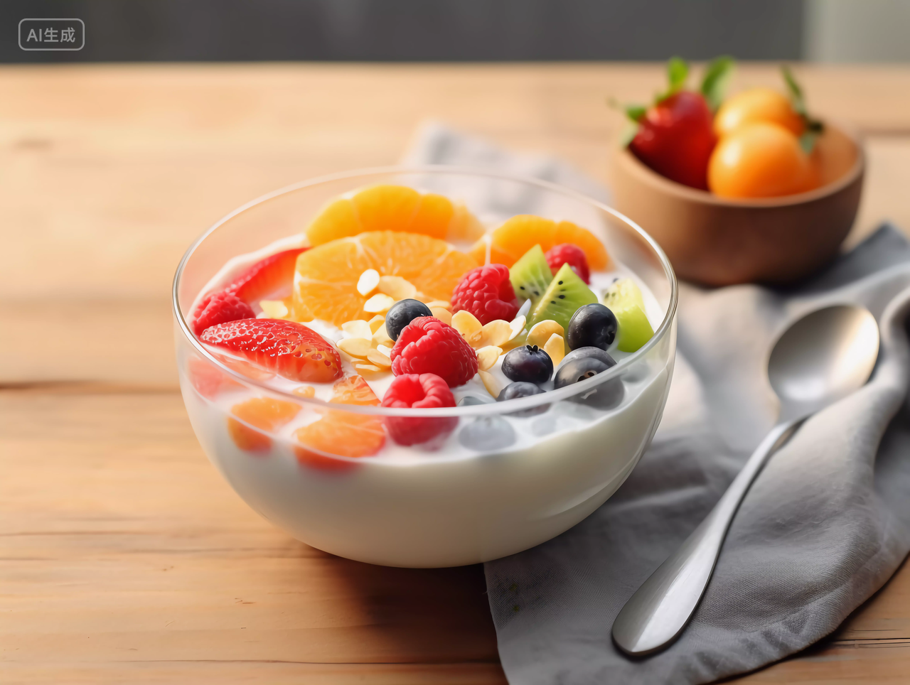 木桌上的一碗水果沙拉酸奶水果沙拉新鲜水果健康生活营养有机食物美味有食欲