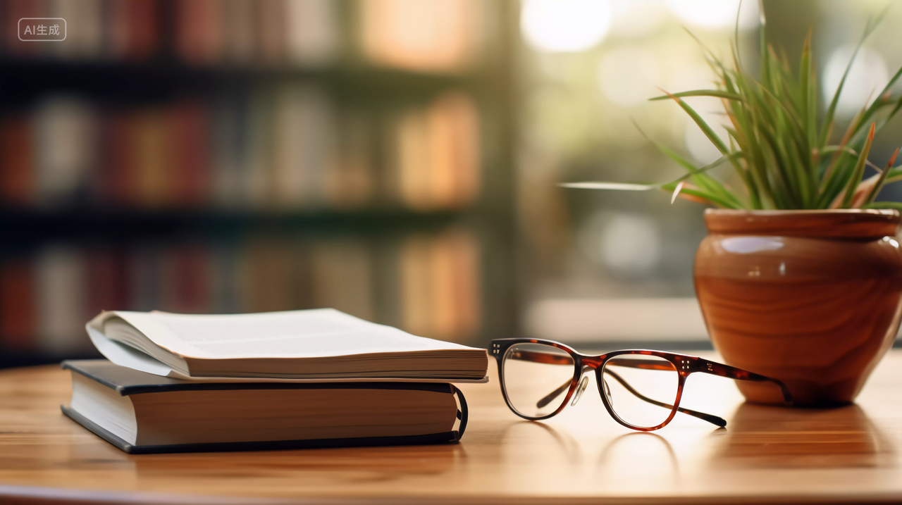 木桌上的书籍和眼镜看书阅读投入学习知识文化世界读书日