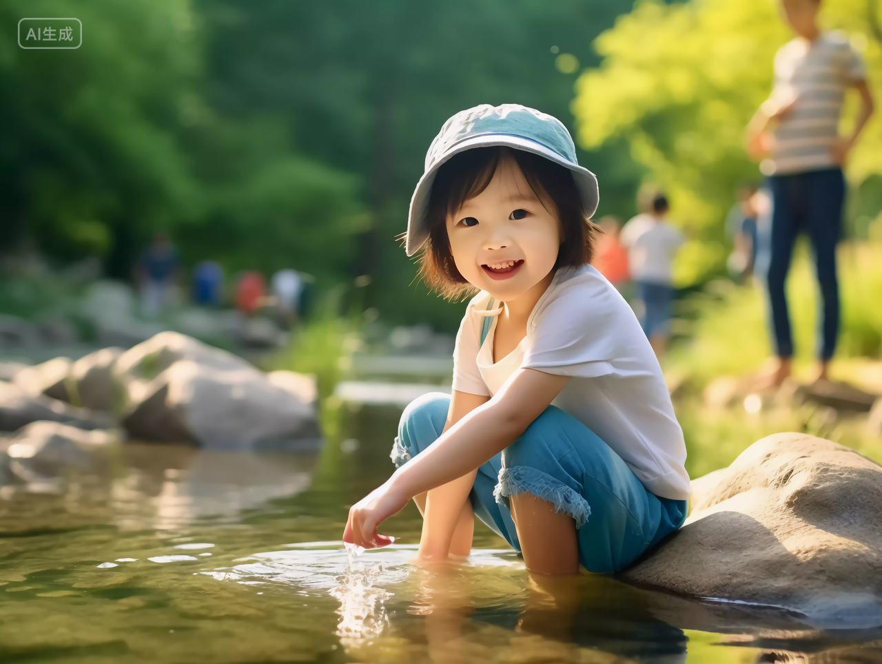 儿童夏天暑假与山谷溪水快乐幸福的未成年儿童小学生笑容嬉戏玩耍