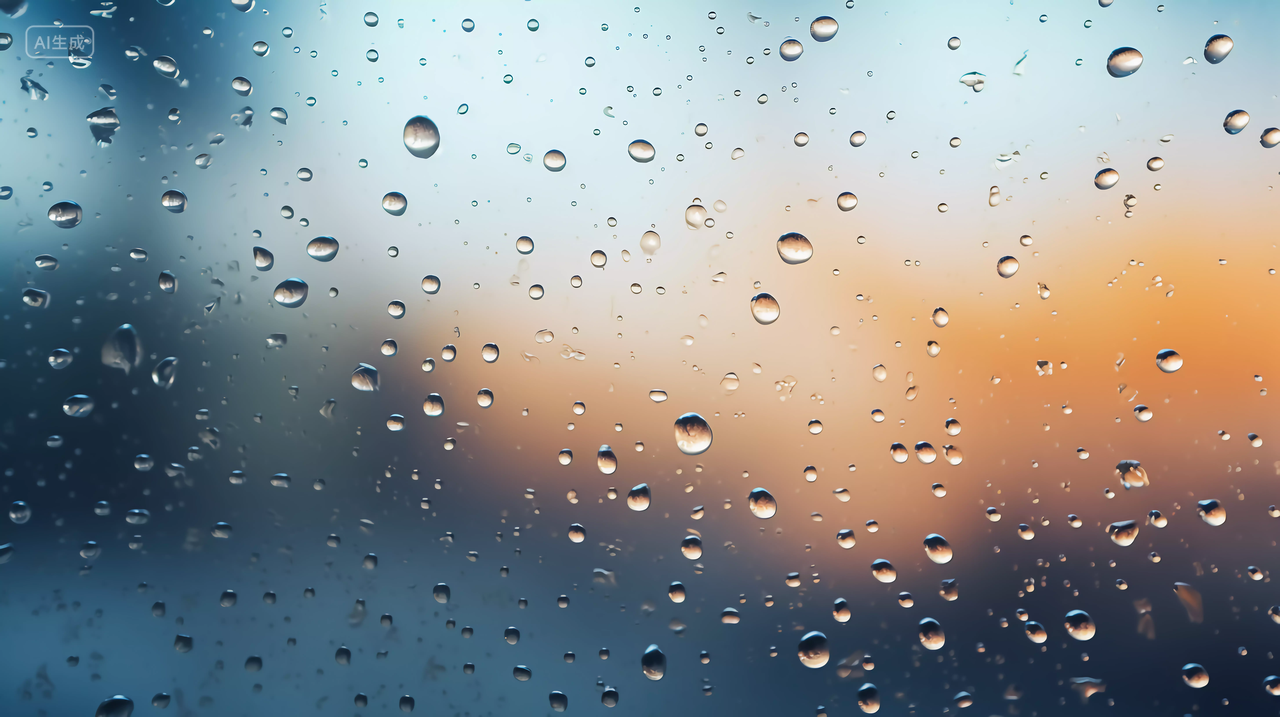 玻璃窗户上的冷凝水滴世界水日蓝色水滴掉在玻璃上