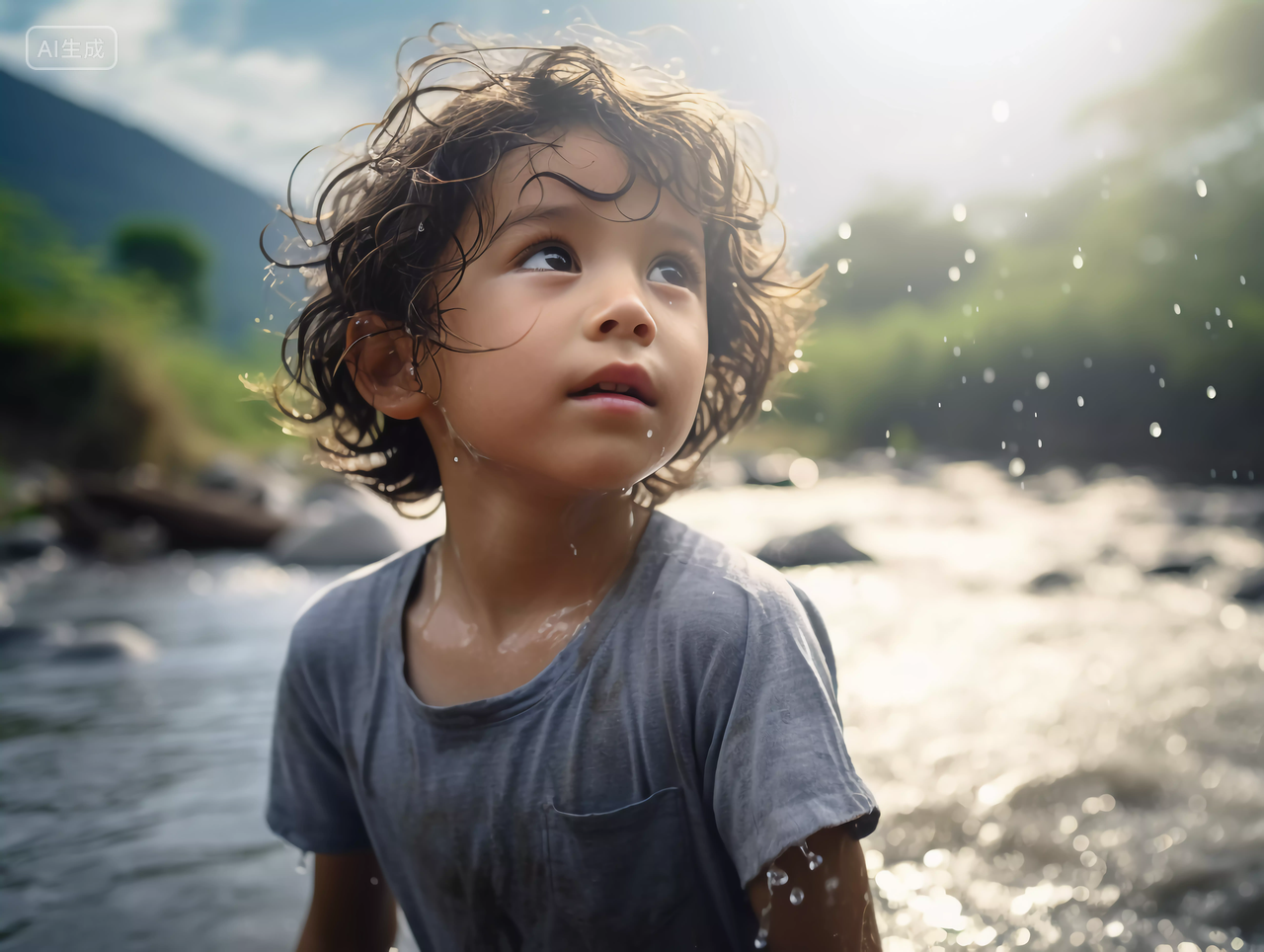 儿童夏天暑假与山谷溪水快乐幸福的未成年儿童小学生笑容嬉戏玩耍
