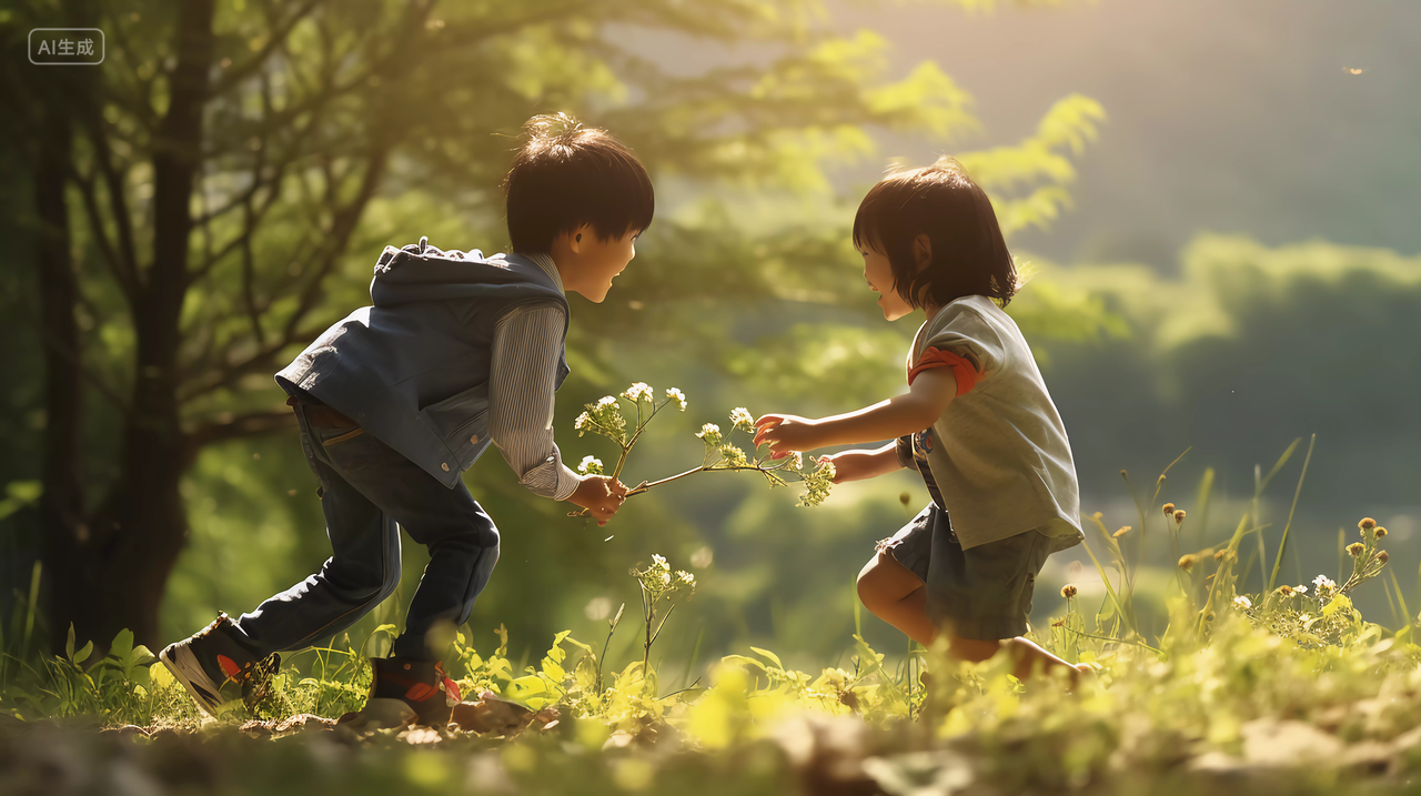 草坪上嬉戏的儿童快乐幸福的未成年儿童小学生笑容嬉戏玩耍儿童节