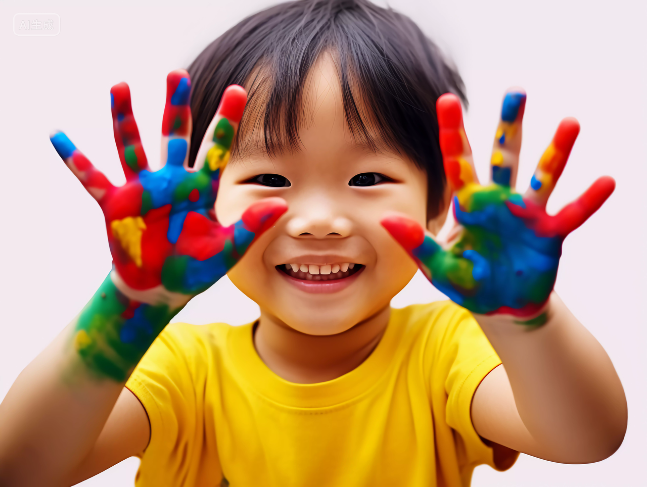 快乐的孩子五颜六色彩绘手快乐幸福的未成年儿童小学生笑容嬉戏玩耍