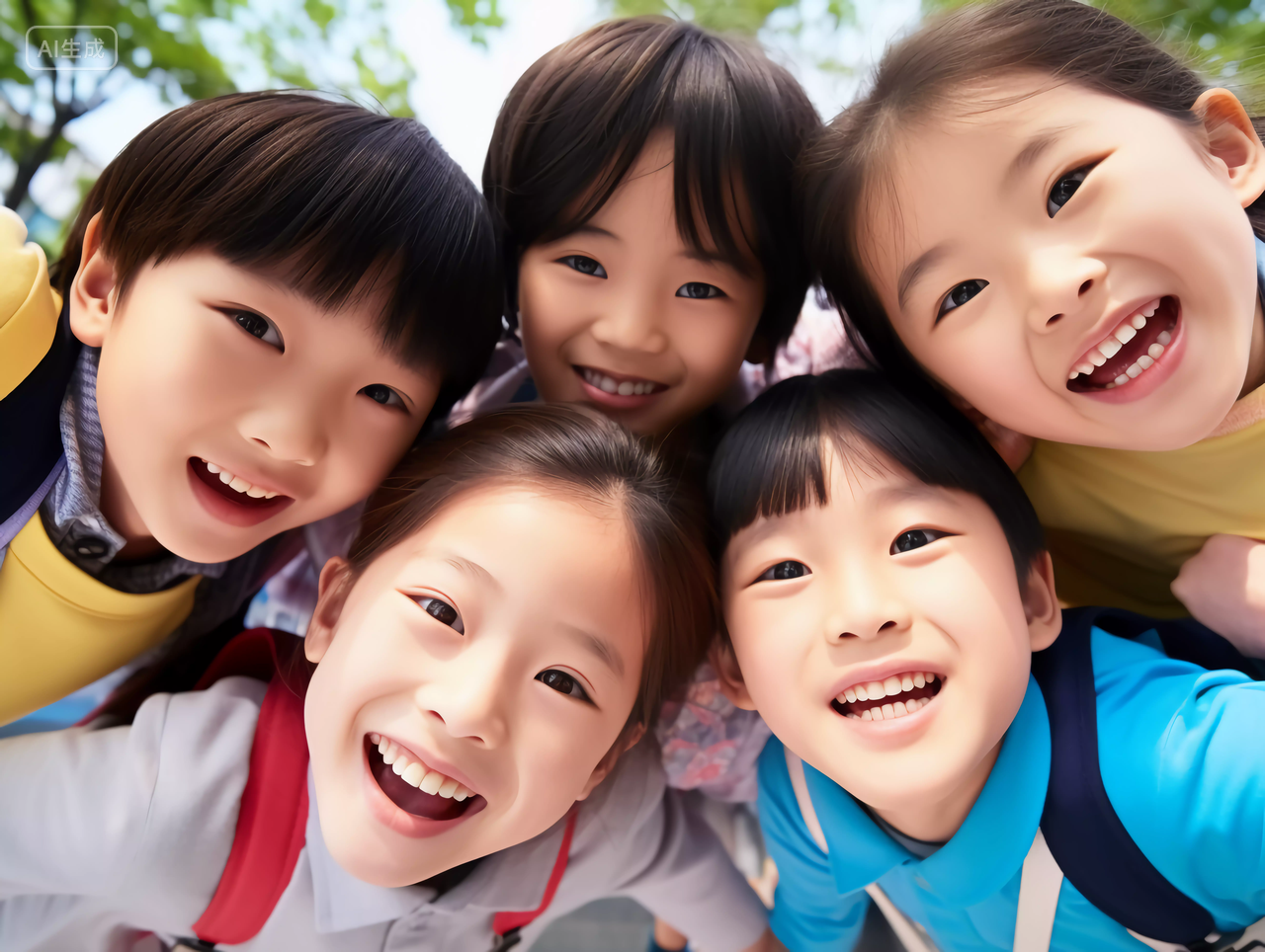 儿童围着镜头特写开心快乐的幸福的未成年儿童小学生笑容嬉戏玩耍