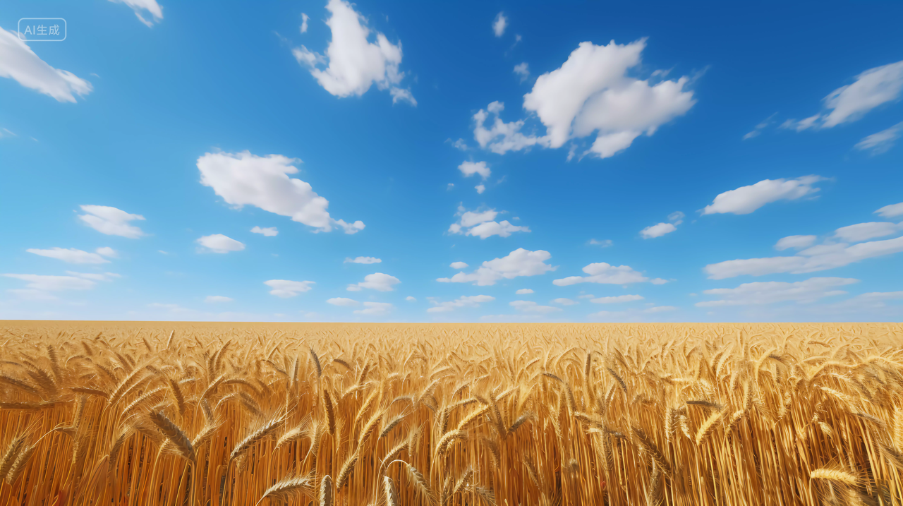 蓝天下丰收的麦田农作物谷物秋收的麦田麦穗小麦图芒种节气农民大丰收