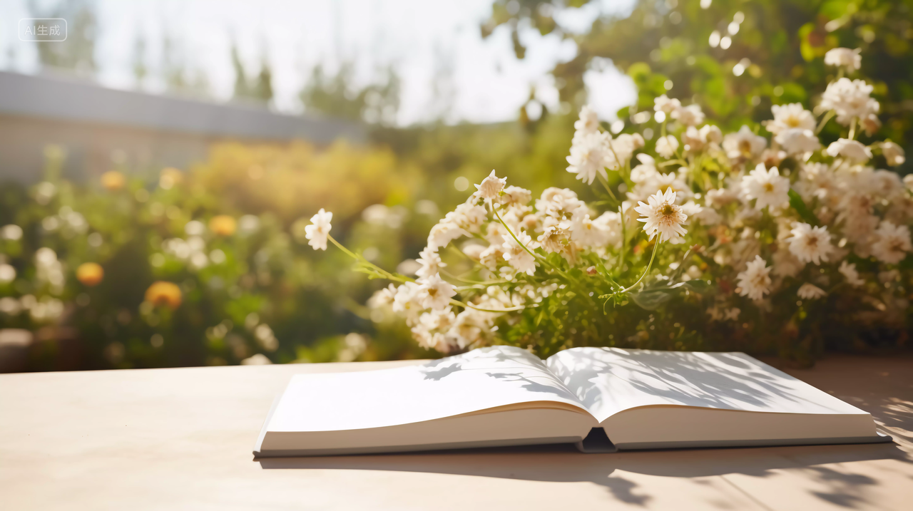 阳光下花丛中的书本书籍读书阅读学习世界读书日知识文化