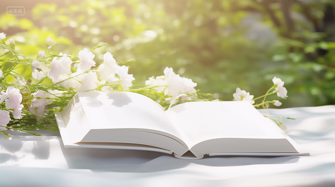 阳光下花丛中的书本书籍读书阅读学习世界读书日知识文化