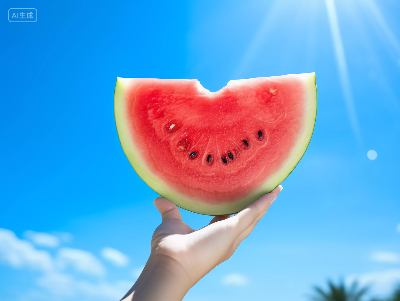 一只手举着西瓜蓝天天空夏天水果蓝色天空背景自然风景壁纸清新