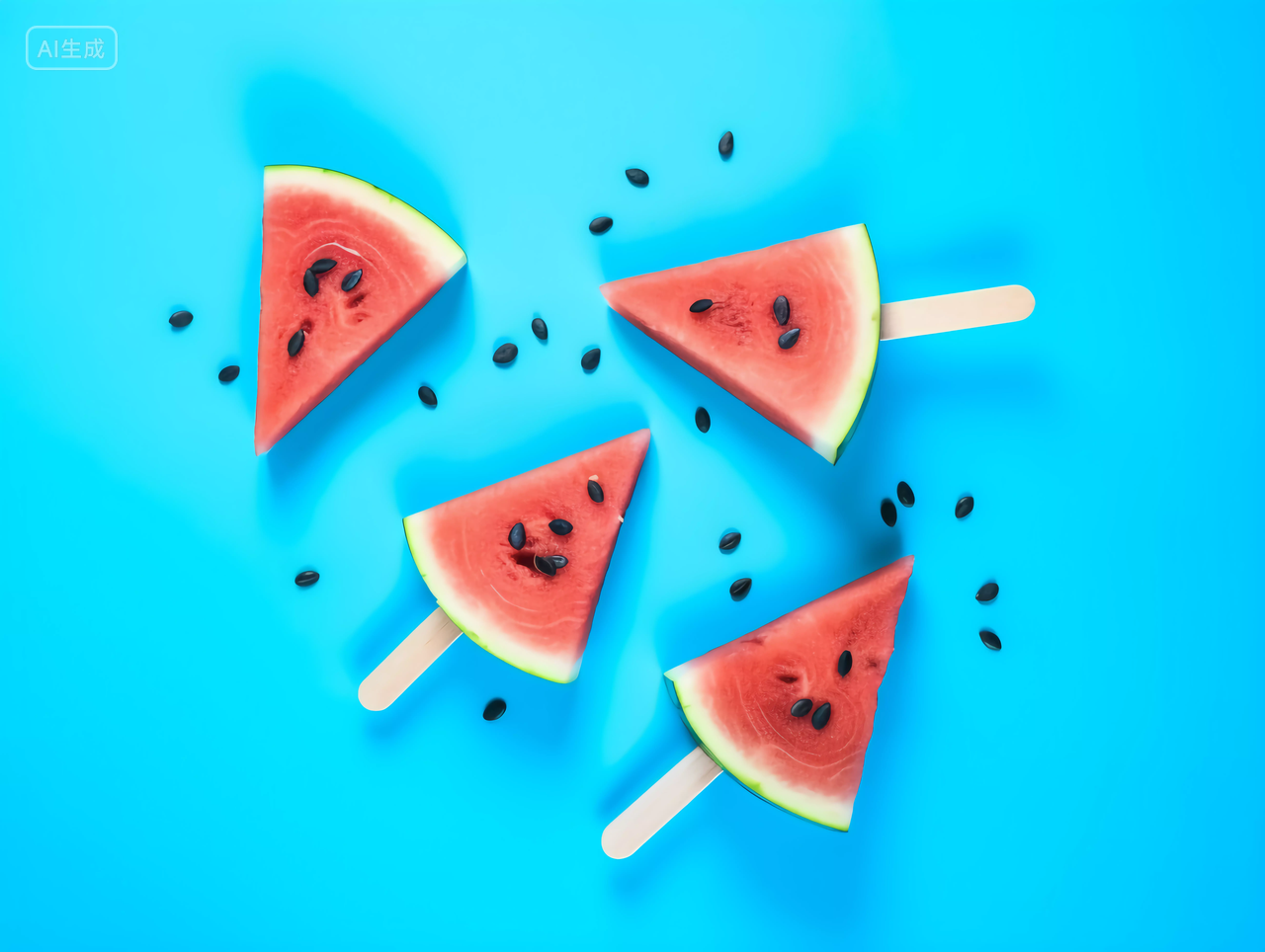 蓝色背景切开的西瓜冰棍雪糕夏天新鲜水果健康生活营养有机食物美味