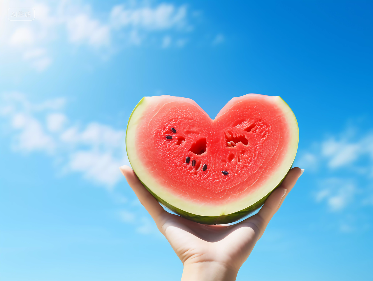 爱心西瓜一只手举着西瓜蓝天天空夏天水果蓝色天空背景自然风景壁纸清新