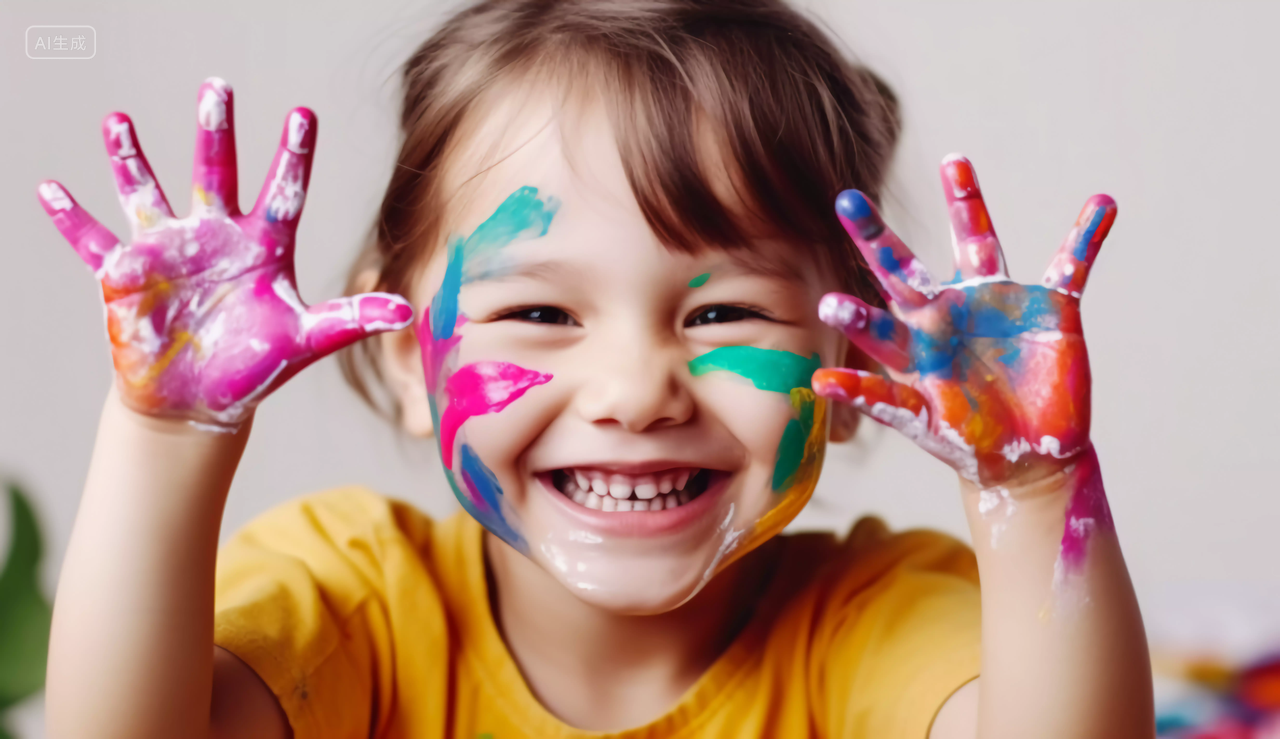 快乐的孩子五颜六色彩绘手快乐幸福的未成年儿童小学生笑容嬉戏玩耍