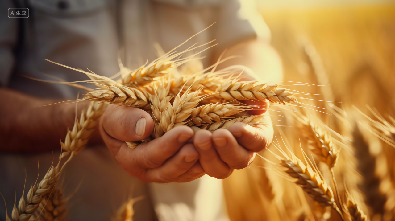 农民手捧成熟的小麦农作物谷物秋收的麦田麦穗小麦图芒种节气农民大丰收