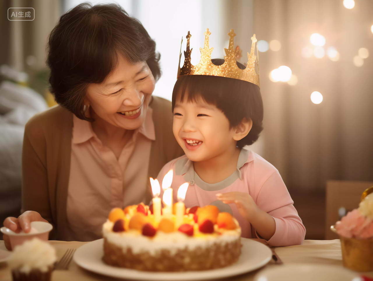 微笑的奶奶和孙子家庭生日聚会生日庆祝祝福生日快乐生日蛋糕HAPPY BIRTHDAY