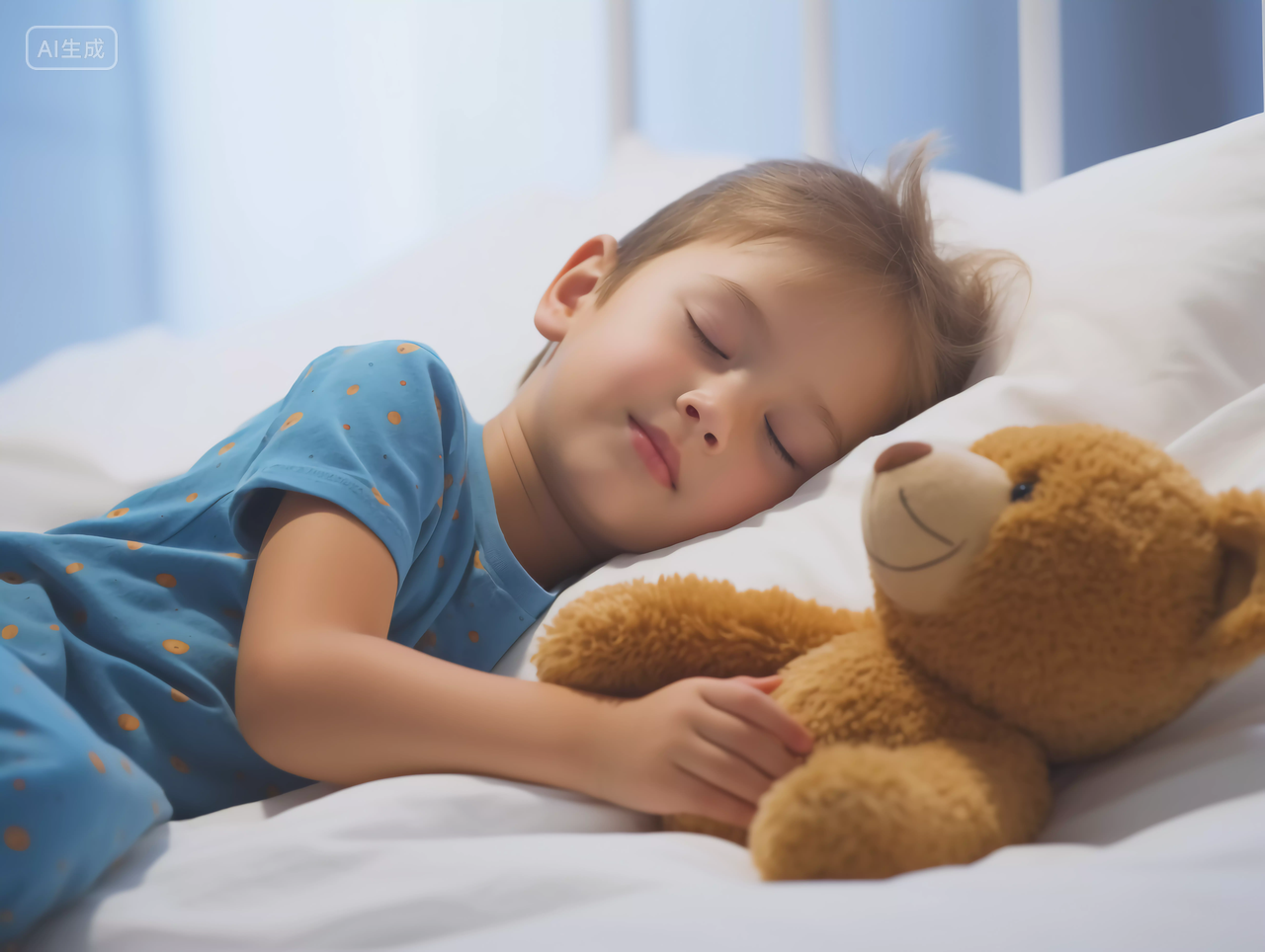 儿童睡眠小男孩安静抱着娃娃睡觉场景快乐幸福的未成年儿童小学生