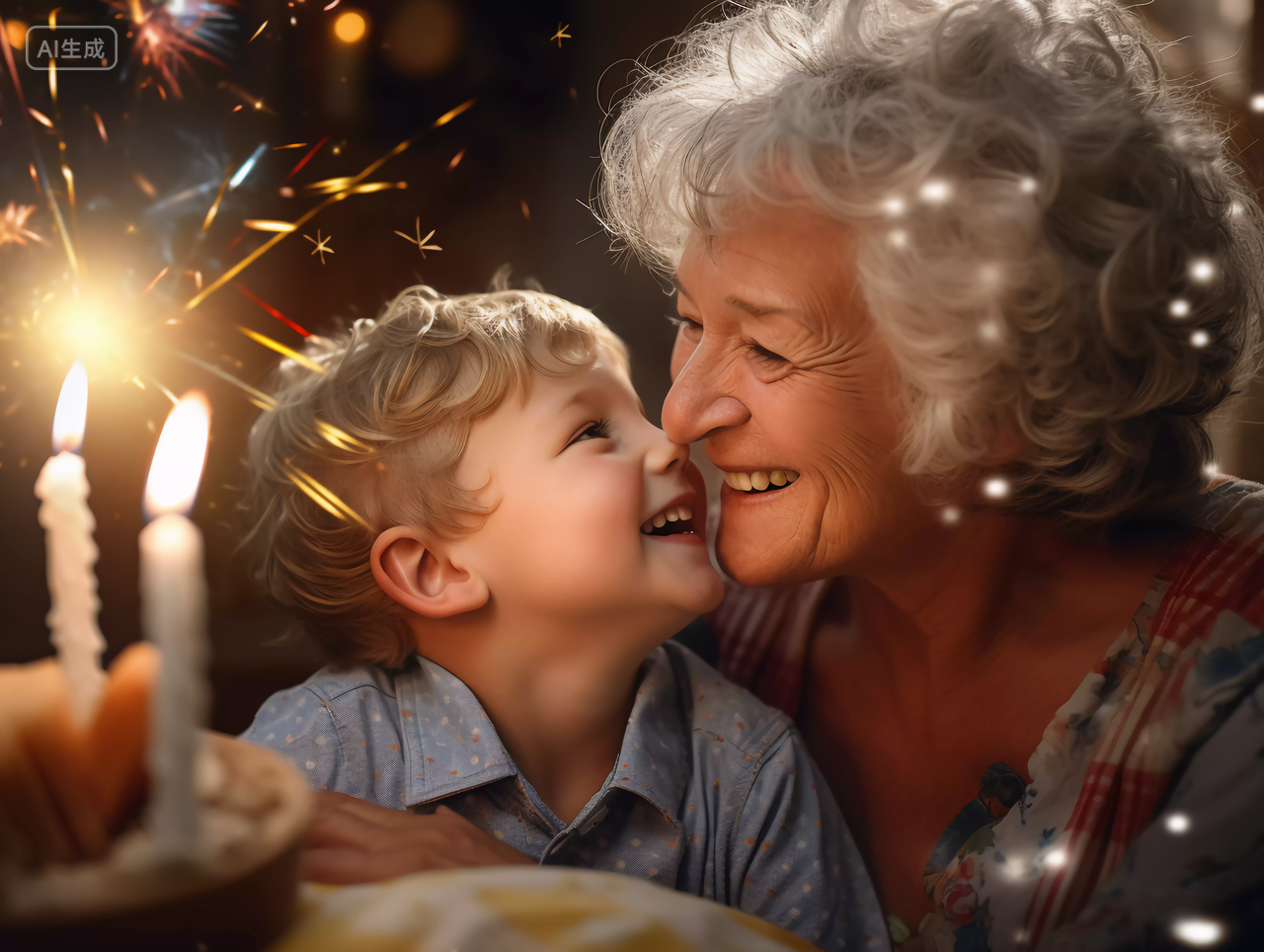 微笑的奶奶和孙子家庭生日聚会生日庆祝祝福生日快乐生日蛋糕HAPPY BIRTHDAY