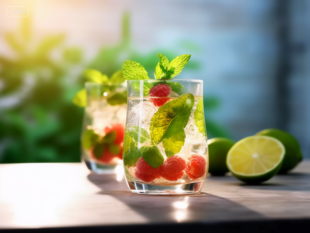 阳光下的木桌上水果饮料新鲜水果健康生活营养有机食物美味饮品绿色薄荷叶