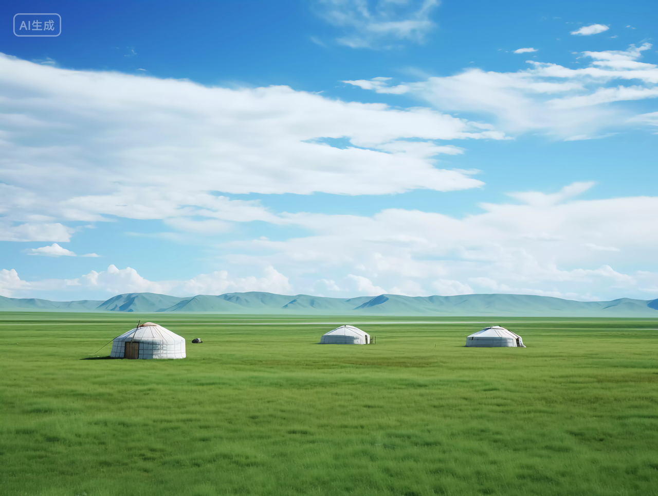 绿色草原上的蒙古包蓝天下的草原风光色草地自然风景旅游宣传壁纸