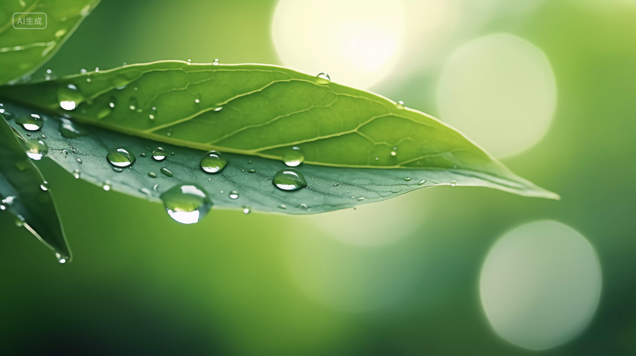 绿叶上的水滴绿叶特写世界水日水珠水滴绿色