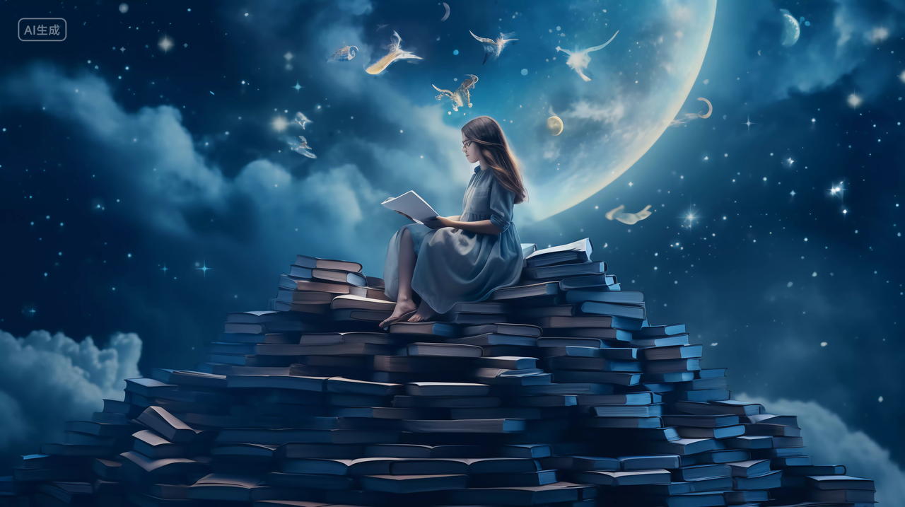 阅读的阶梯概念图一个女孩坐着读书看书阅读投入学习知识文化世界读书日