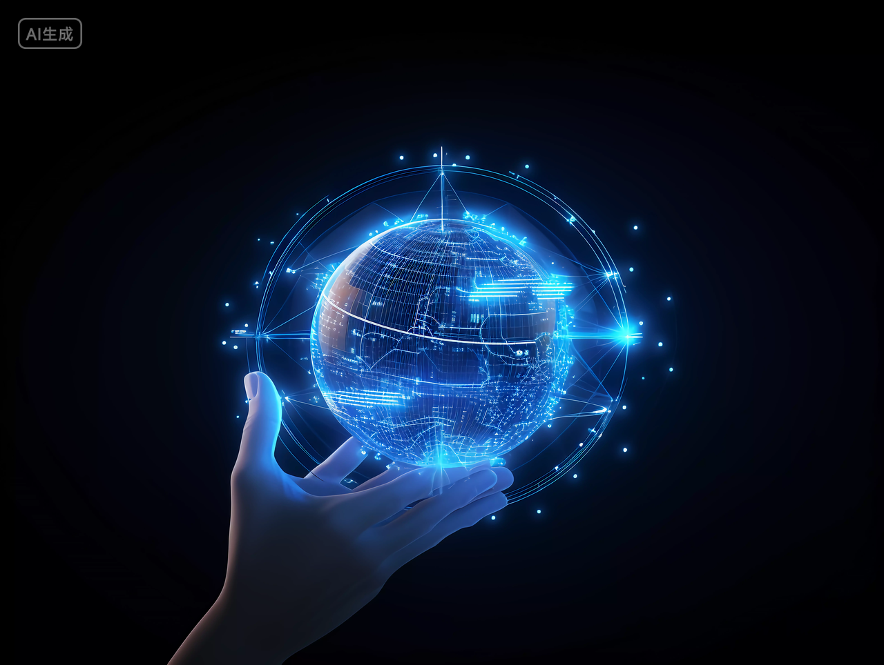 人工智能AI未来科技机械手臂3D机器人手技术和科学概念科技蓝色手掌与点线框架球形