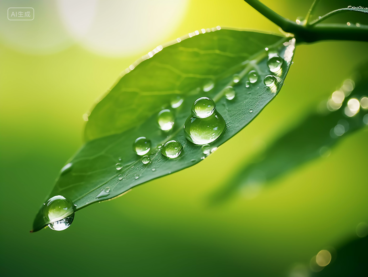 绿叶上的水滴绿叶特写世界水日水珠水滴绿色