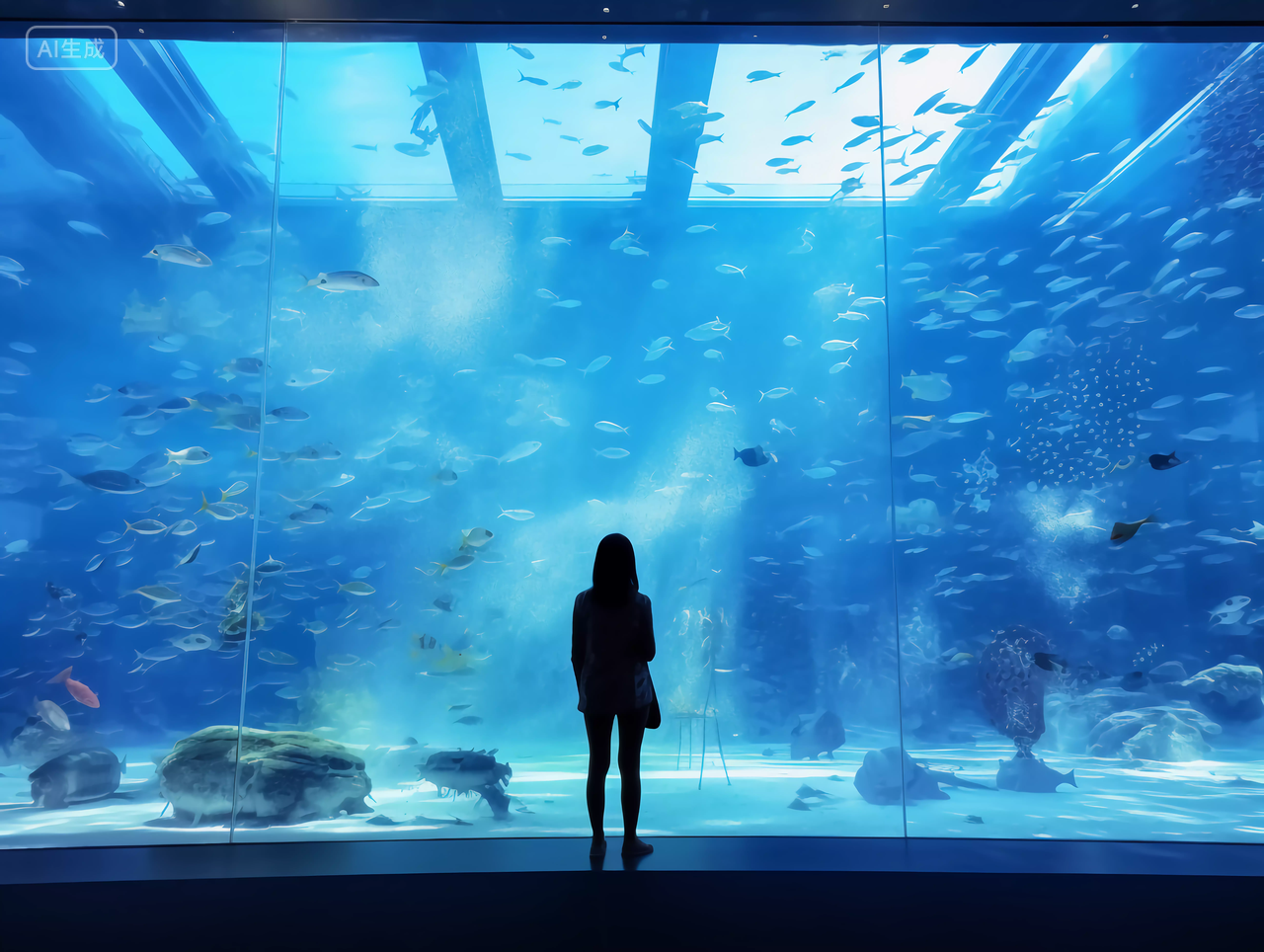 海洋馆玻璃墙前站着一个女孩海洋海海水电脑壁纸风景世界海洋日