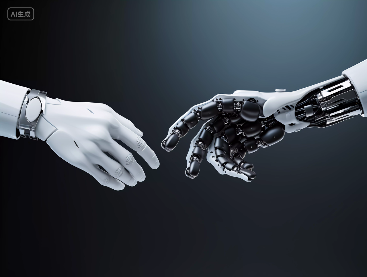 人工智能AI未来科技机械手臂3D机器人手技术和科学概念机器人握手双方合作共赢