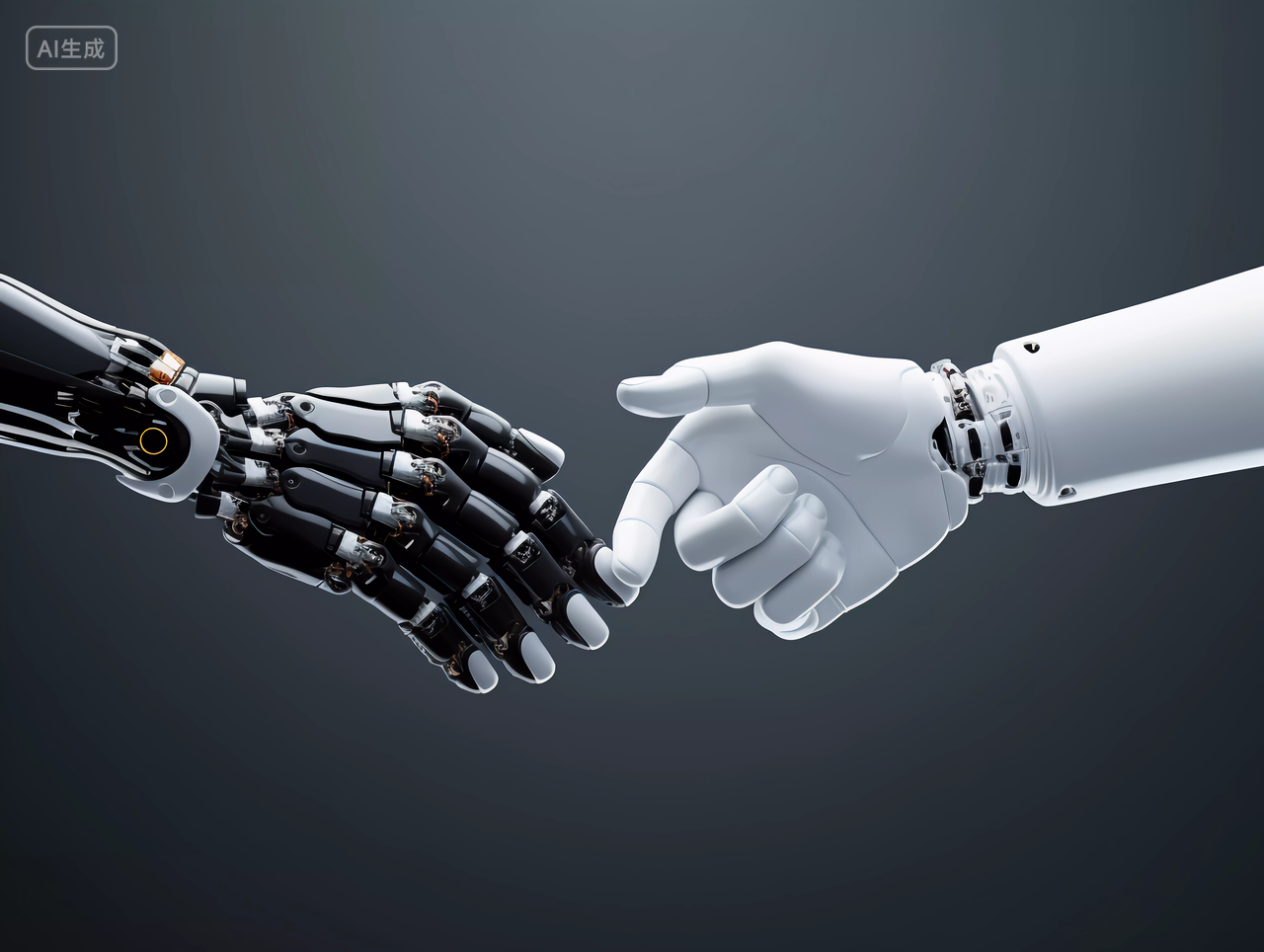 人工智能AI未来科技机械手臂3D机器人手技术和科学概念机器人握手双方合作共赢