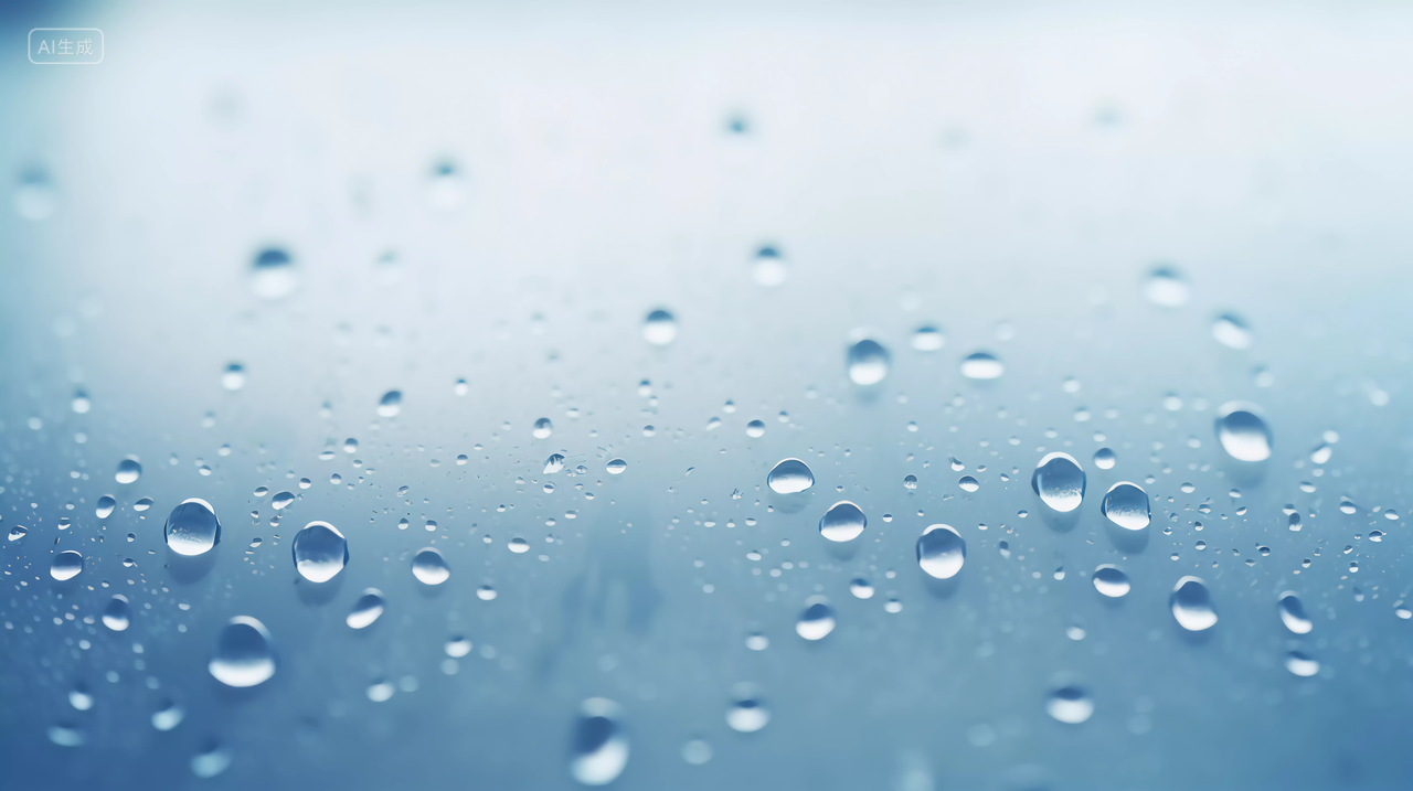 玻璃窗户上的冷凝水滴世界水日蓝色水滴掉在玻璃上