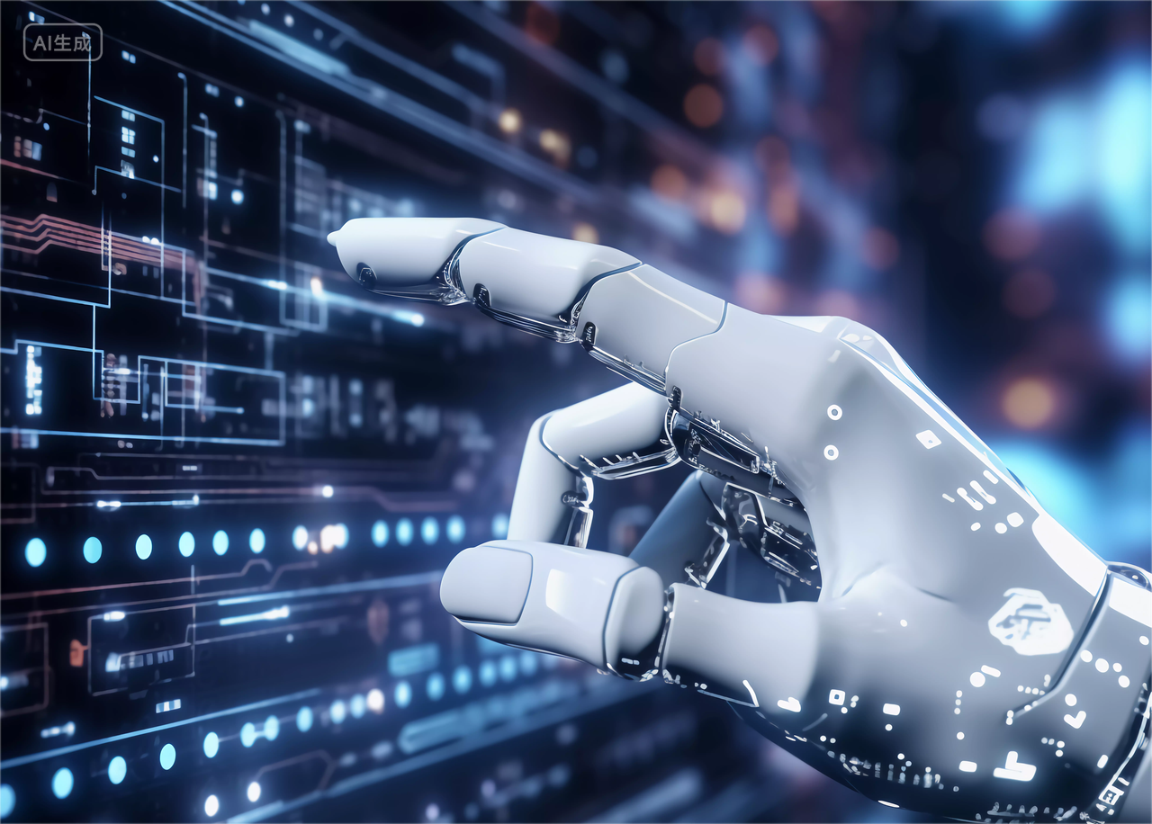 机器人的手触摸数字面板人工智能AI未来科技机械手臂3D机器人手技术和科学概念
