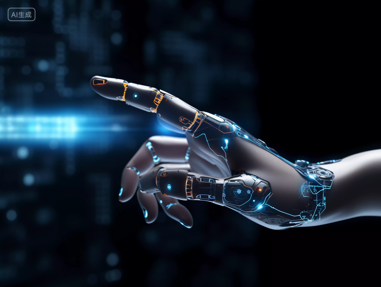 人工智能AI未来科技机械手臂3D机器人手技术和科学概念机器人手指 指向黑色背景
