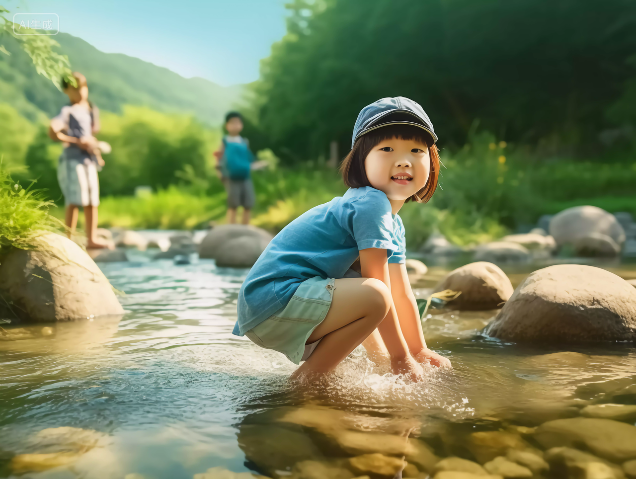 儿童夏天暑假与山谷溪水快乐幸福的未成年儿童小学生笑容嬉戏玩耍
