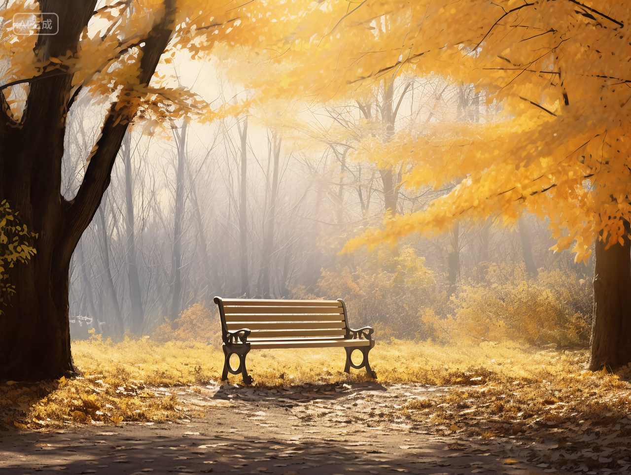 立秋秋天的金黄色树林休闲公园中的长椅子与秋叶温暖风景壁纸
