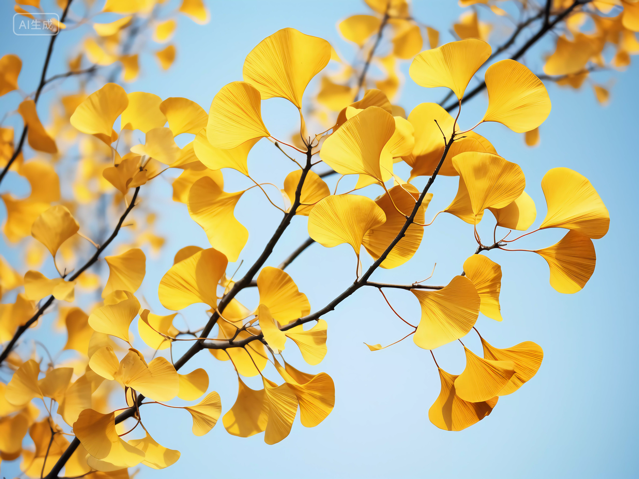立秋银杏树上的金黄色银杏叶特写镜头风景壁纸