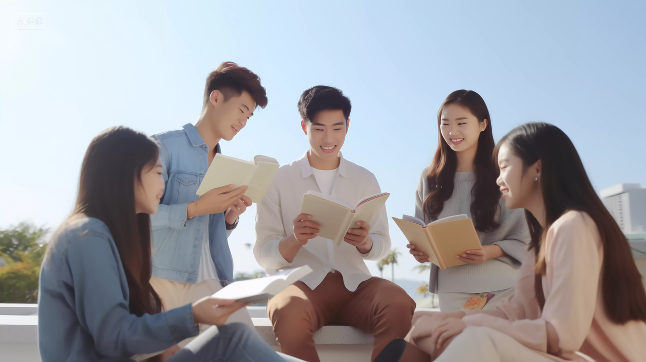 青少年大学生在户外草地上欢乐地拿着书看书探讨阅读投入学习书本知识教育文化世界读书日