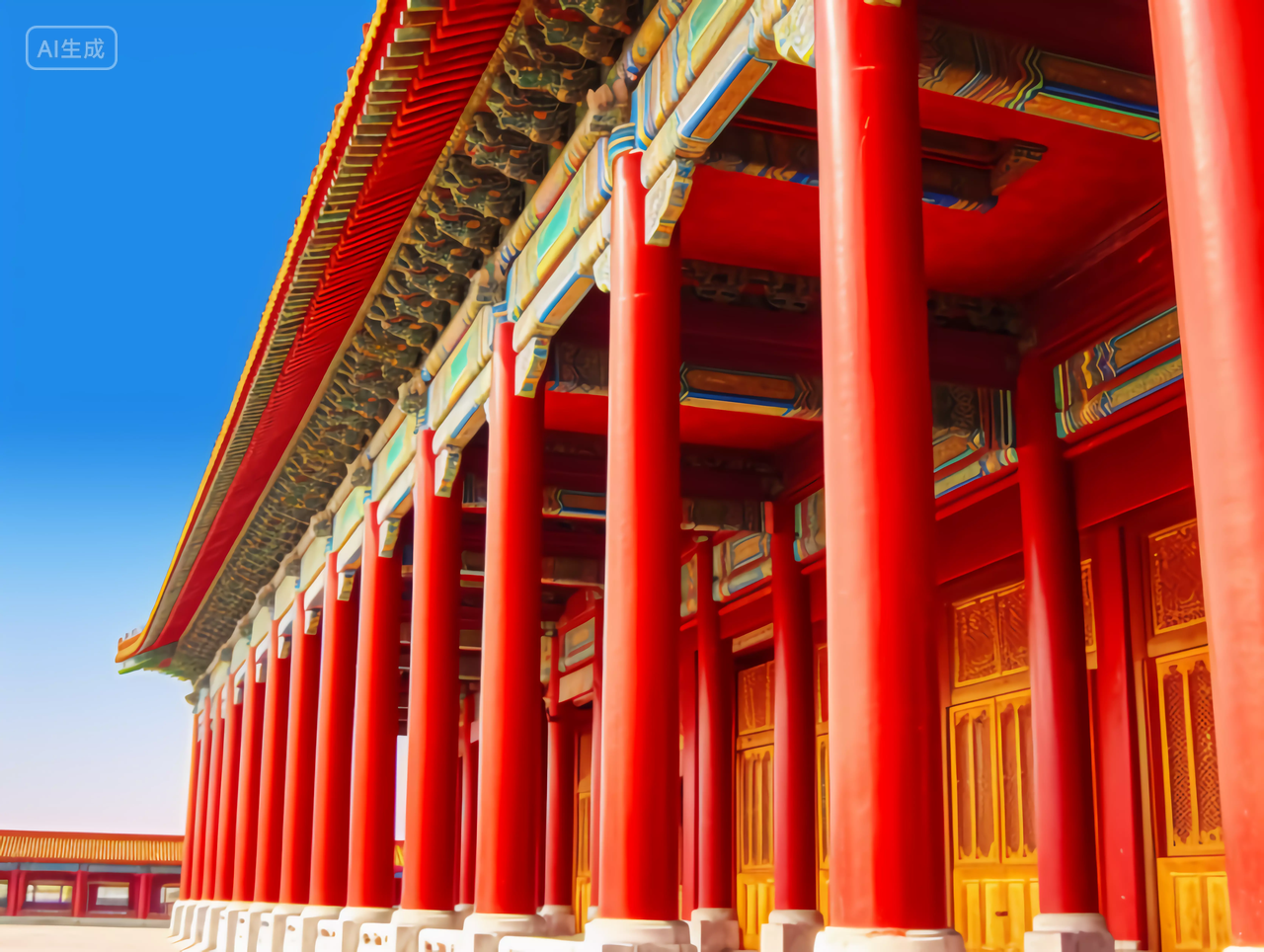 中国故宫传统红色古代建筑红色柱子特写图