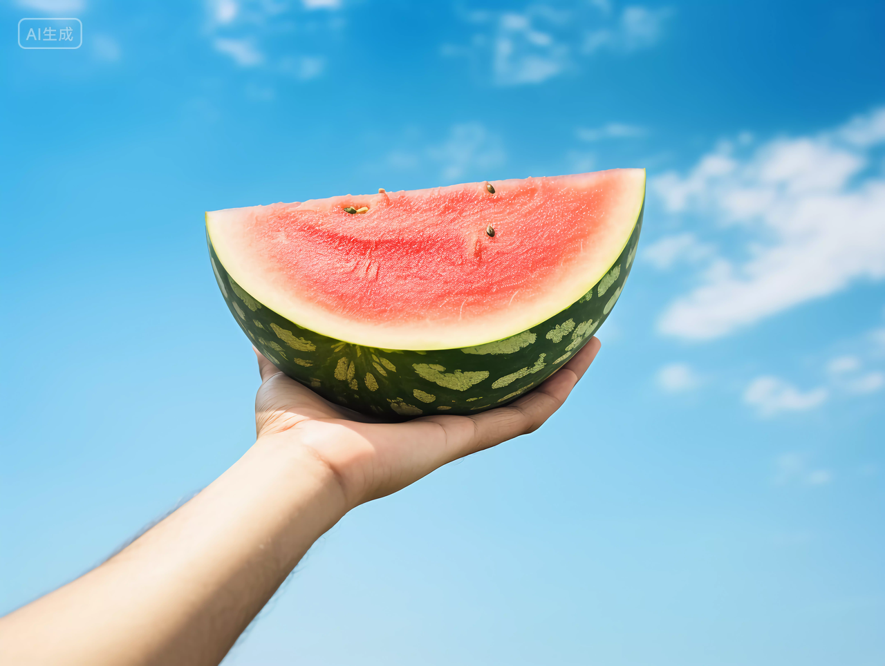 一只手举着西瓜蓝天天空夏天水果蓝色天空背景自然风景壁纸清新