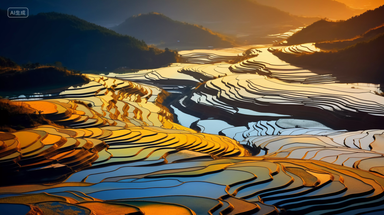 立秋秋收丰收的金色田野与夕阳远山风景唯美壁纸