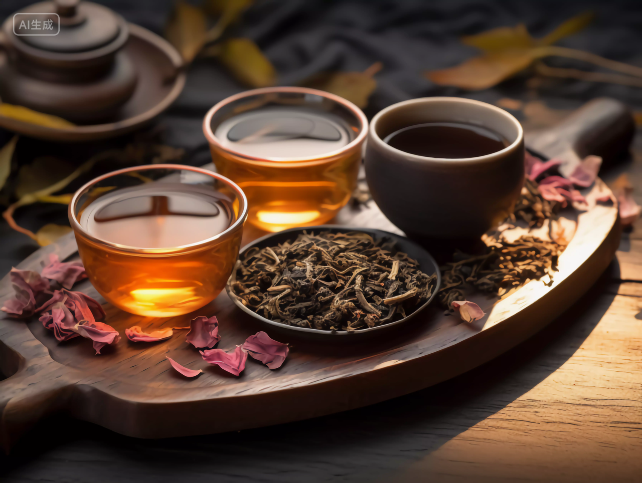 木桌上的茶盘消暑茶水茶叶茶杯茶壶场景图处暑大暑